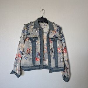 Embroidered Floral Denim Jacket - Light Blue